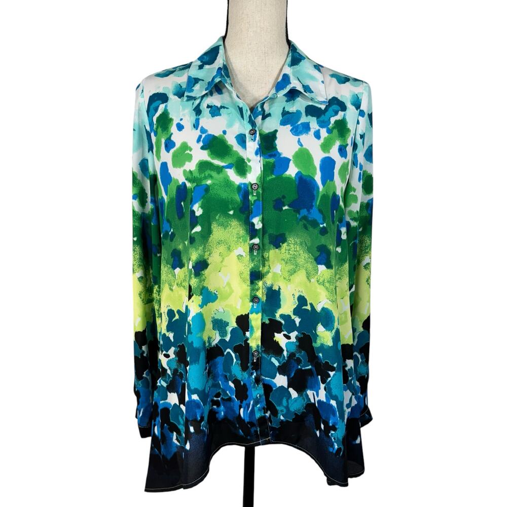 NY Collection Medium Top Button-Up Long Roll-Tab Sleeves Semi-Sheer Hi-Low Hem